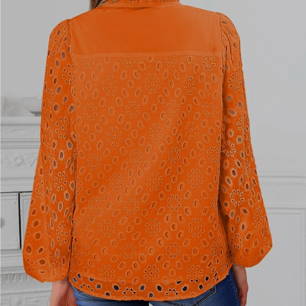Orange Eyelet Button-Up Blouse - Picture 3 of 4